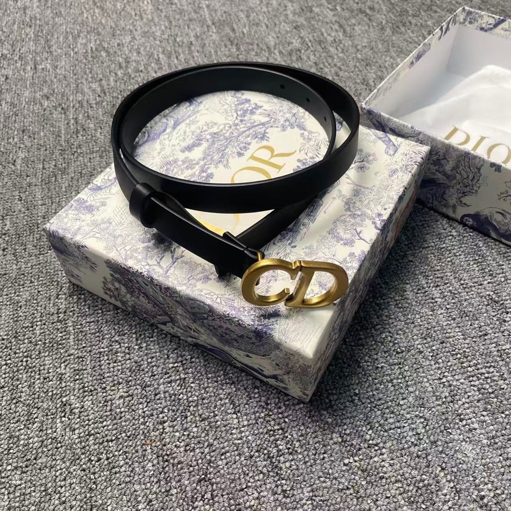 Christian Dior CD Logo Slim Leather Belt Black Gold Buckle 85cm✨